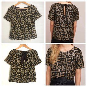 Hutch blouse top sz XS cheetah print textured‎ keyhole tie back black gold